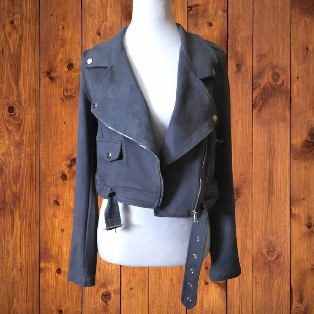 Signature 8 Women's Medium Gray Faux Suede Moto Biker Jacket READ - Picture 2 of 9